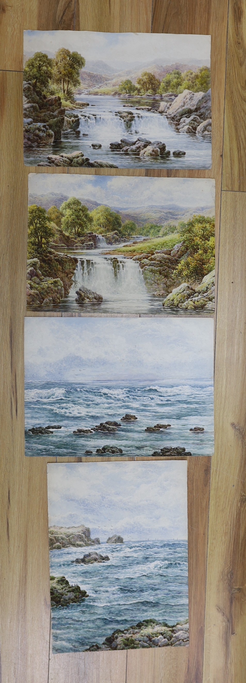 Charles A. Bool (British, 19th/20th century), four watercolours, Cornish seascapes and waterfalls in North Wales, signed, 39 x 29cm, unframed